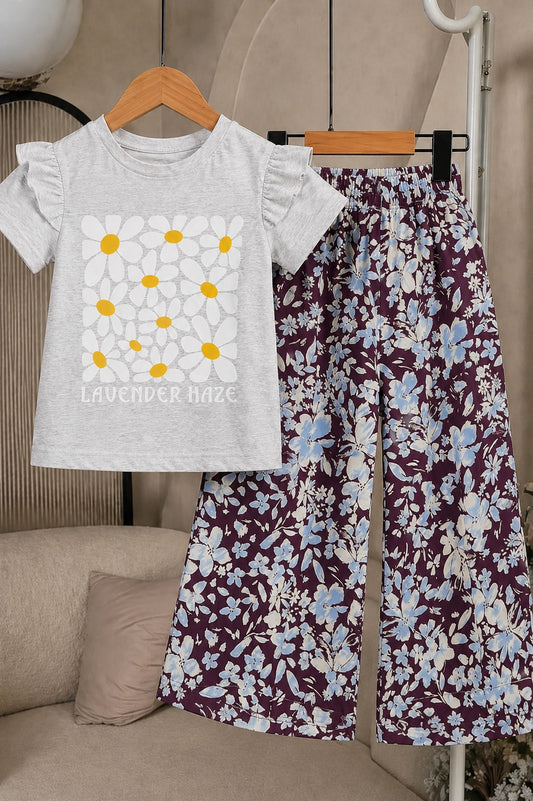 Grey girls’ daisy print top with floral wide-leg pants, stylish summer outfit for kids in Pakistan.
