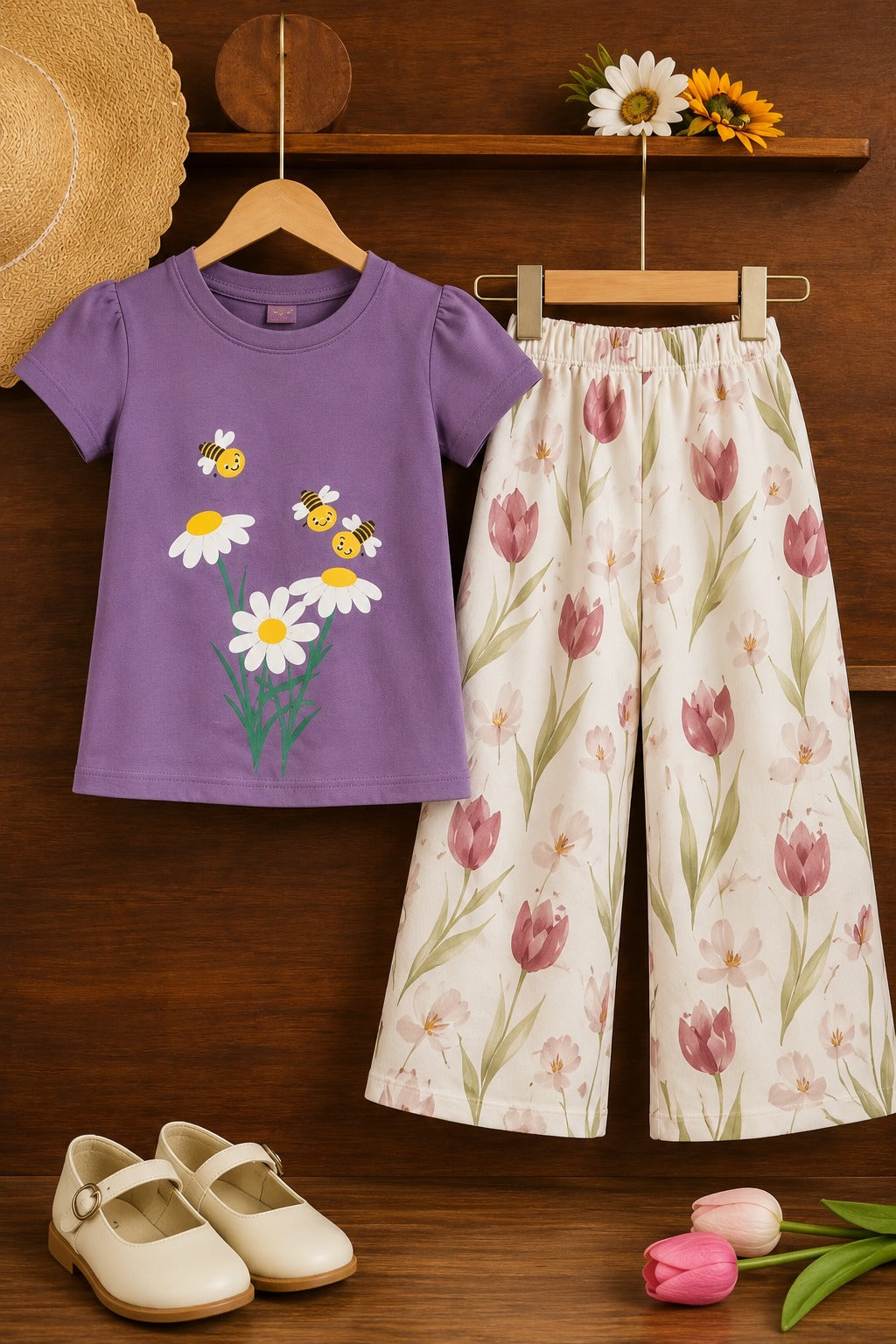 Girls purple daisy flower print cotton t-shirt with white floral wide leg trousers co-ord set, stylish summer outfit for kids in Pakistan.
