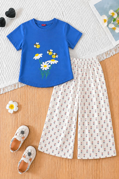 White Flowers Printed Royal Blue Girls T-Shirt &Cotton Flapper 701