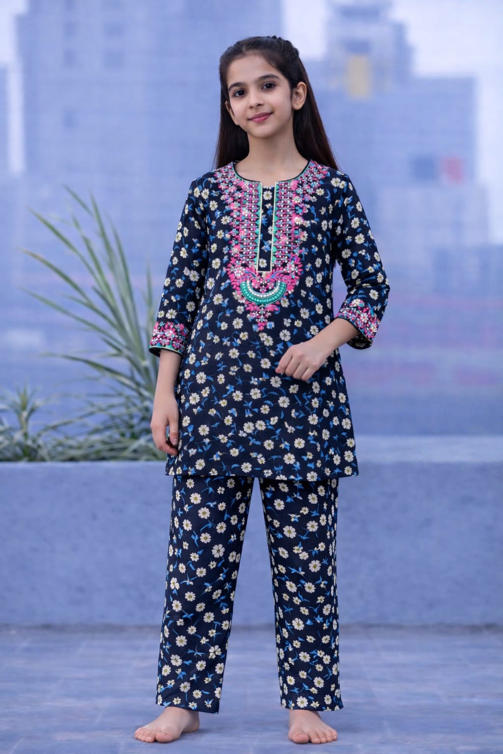 Black floral printed cotton 2-piece outfit for girls with embroidered neckline kurti and straight pants, balcony setting Pakistan
