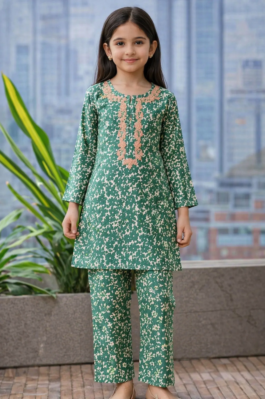 Green floral printed cotton 2-piece outfit for girls with embroidered neckline kurti and straight pants, balcony setting Pakistan
