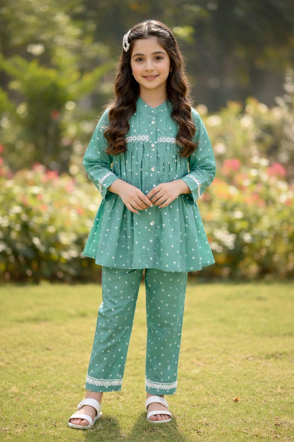 Green cotton 2-piece outfit for girls with white heart print, buttoned kurti and straight pants, Pakistan
