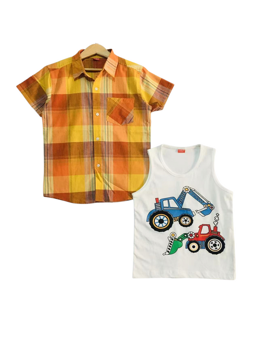 White Inner Yellow Checked Layered Casual Shirt Boys 211