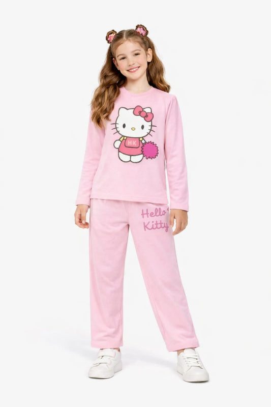 White Pink Kitty Printed  Light Pink  Plane Selves T-Shirt &Trousers Girls 272