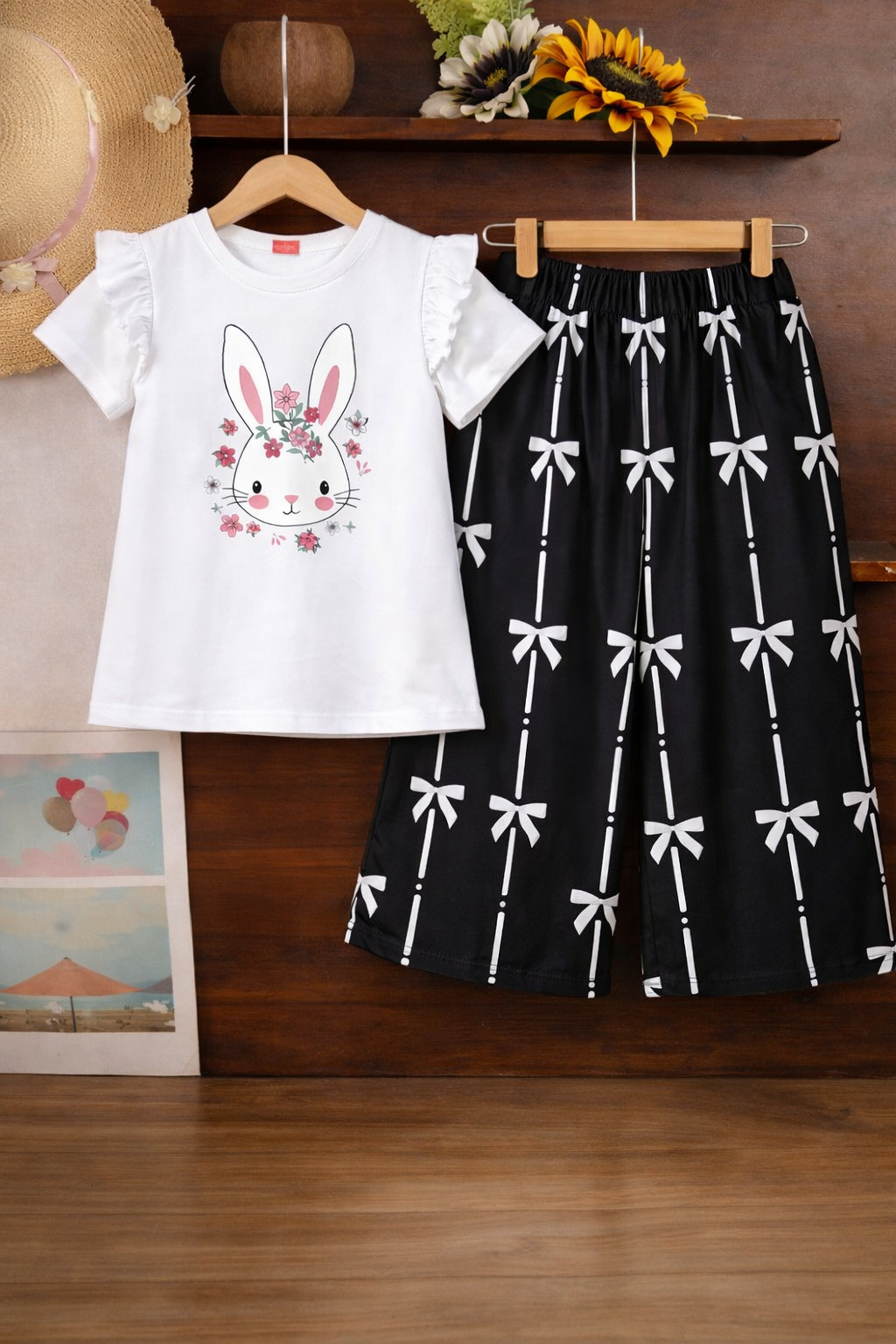 White rabbit print cotton t-shirt with black bow pattern pants girls outfit on hanger.