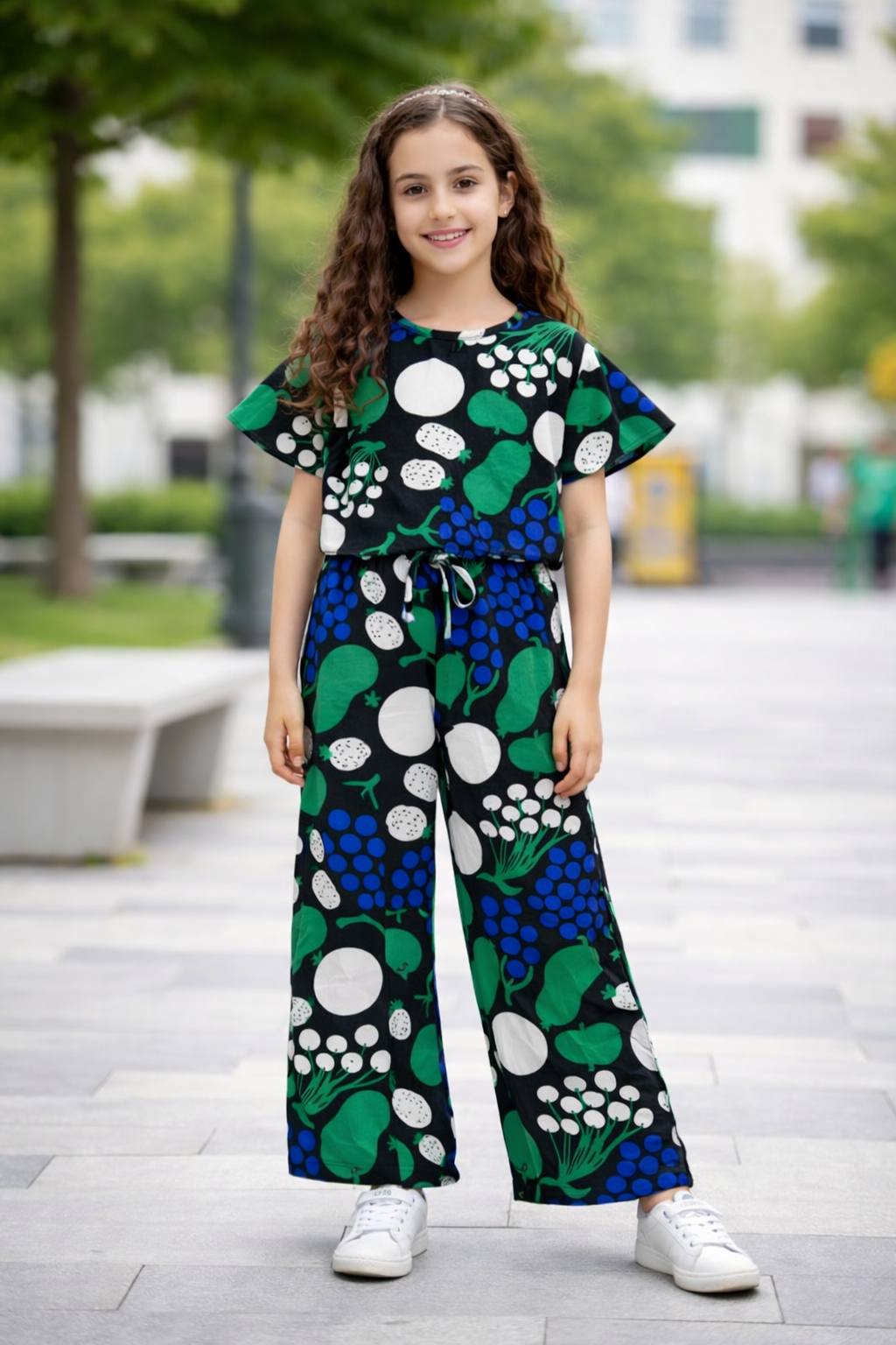 Black cotton girls co-ord set with multicolor abstract fruit print (green, blue, white), short sleeve top and wide-leg pants,Pakistan kids Outfit