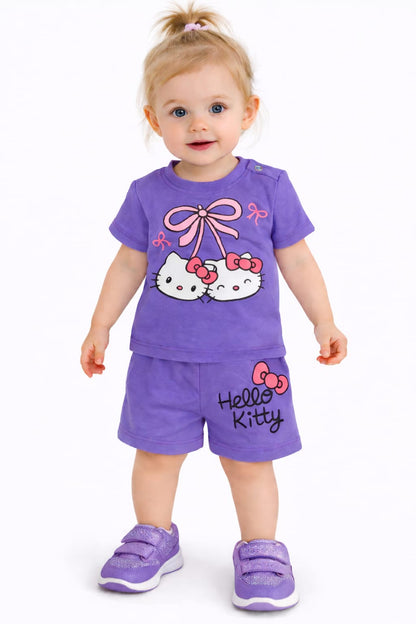 White Twin Cats Printed Purple Nicker Suit 413