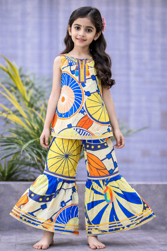 Girls yellow blue cotton printed kurti gharara set with geometric design, Pakistani outfit