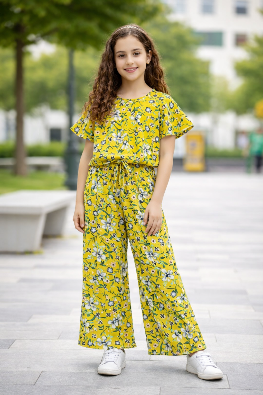 Girls yellow floral cotton co-ord set with short sleeve top and wide-leg pants, kids outfit Pakistan.
