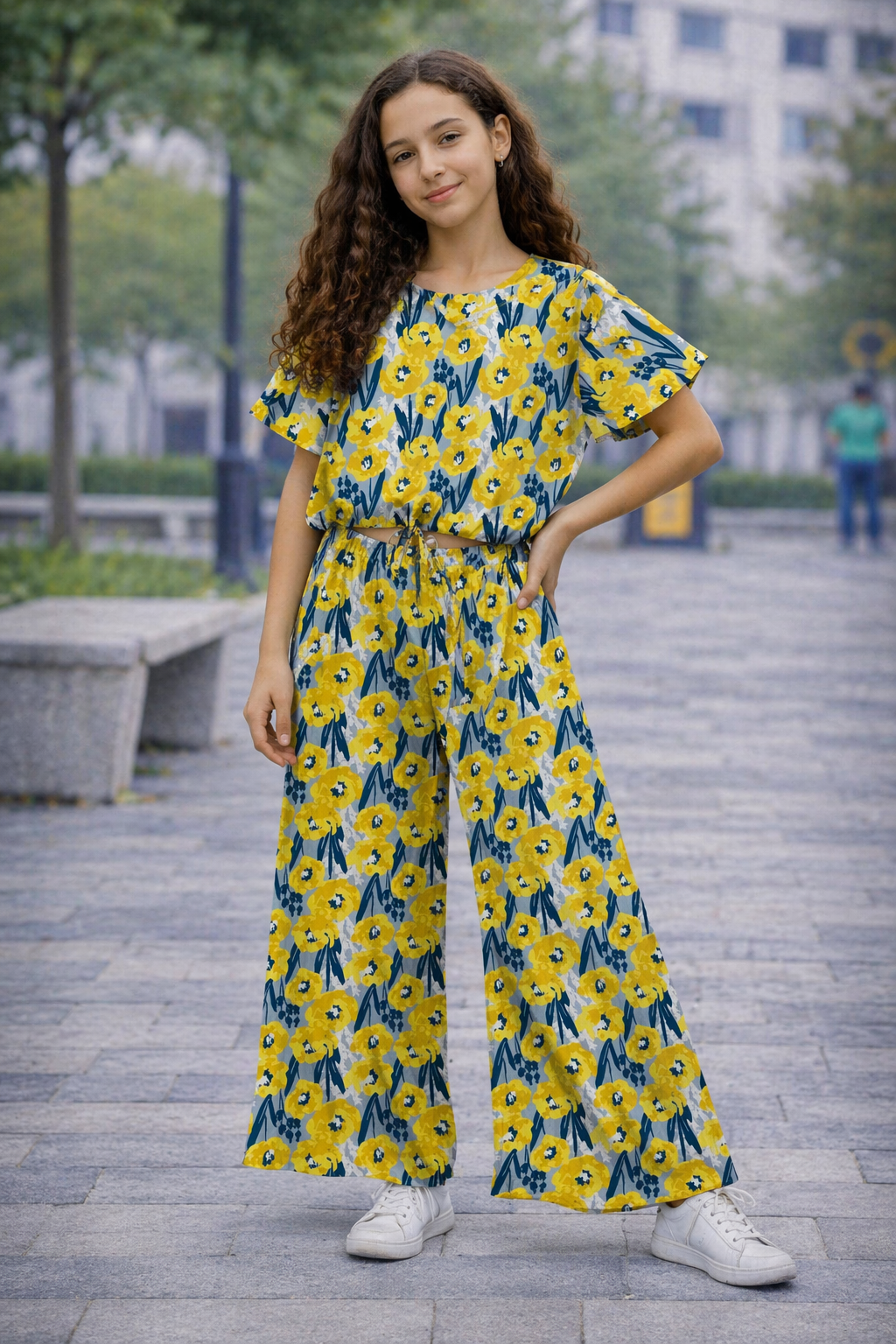 Blue and yellow floral cotton girls co-ord set with wide-leg pants outdoor.