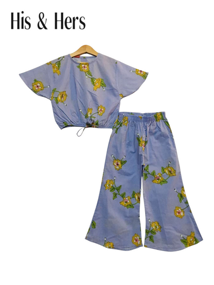 Yellow Flowers Light Blue Cotton Girls Co-Ord Set 231