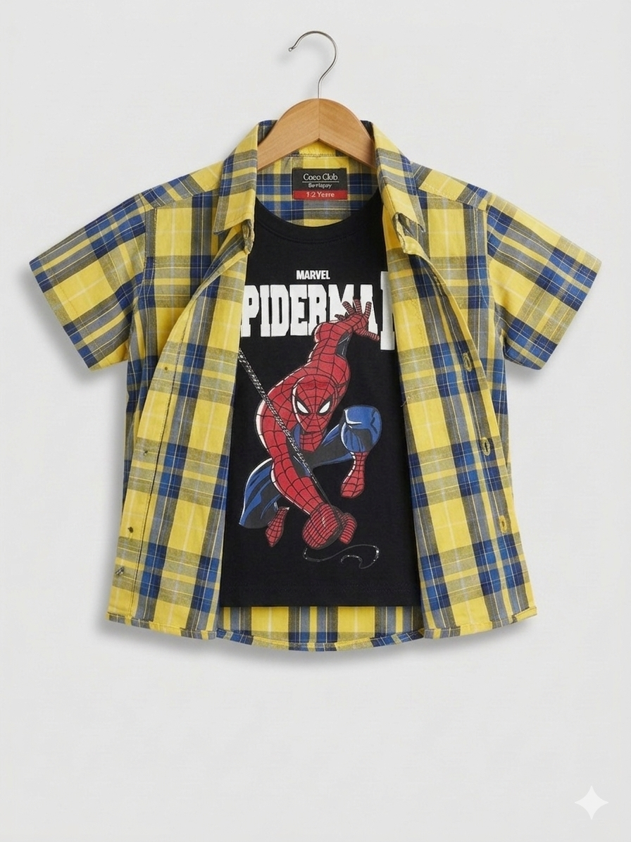Yellow & Navy Checked [Spiderman] Printed Yellow Layered Casual Shirt 286