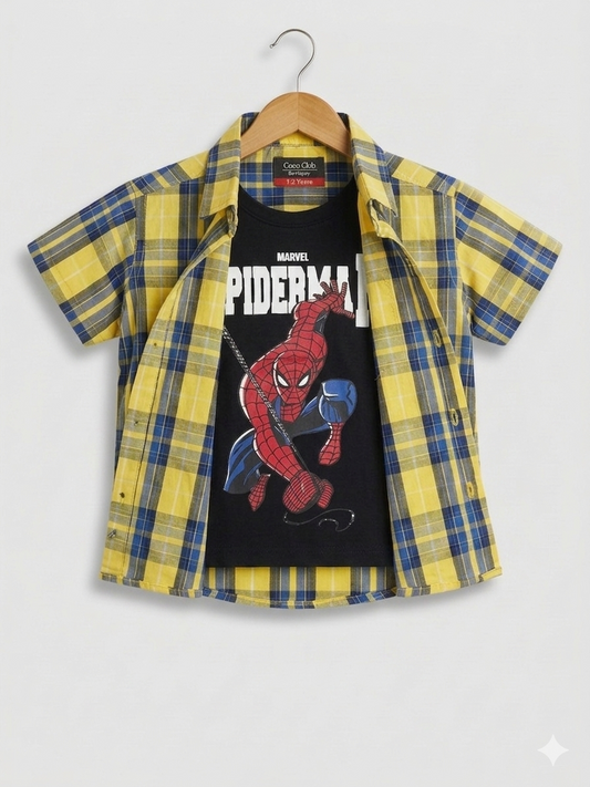 Yellow & Navy Checked [Spiderman] Printed Yellow Layered Casual Shirt 286