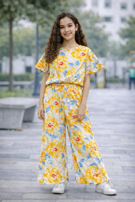 Girls yellow floral cotton co-ord set with pants kids outfit Pakistan