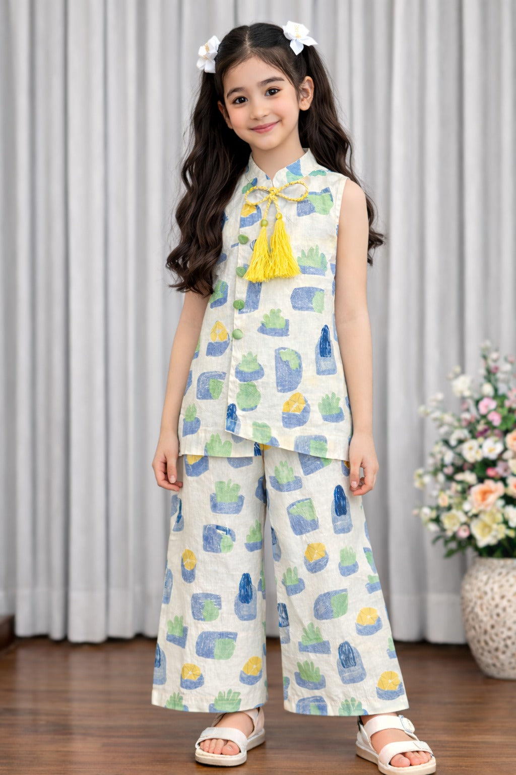 Girls beige cotton printed co-ord set tassel top Pakistan kids outfit