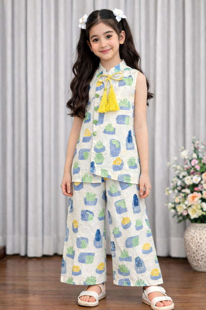 Girls beige cotton printed co-ord set tassel top Pakistan kids outfit