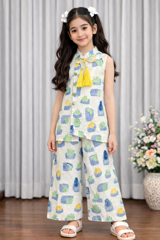 Girls beige cotton printed co-ord set tassel top Pakistan kids outfit