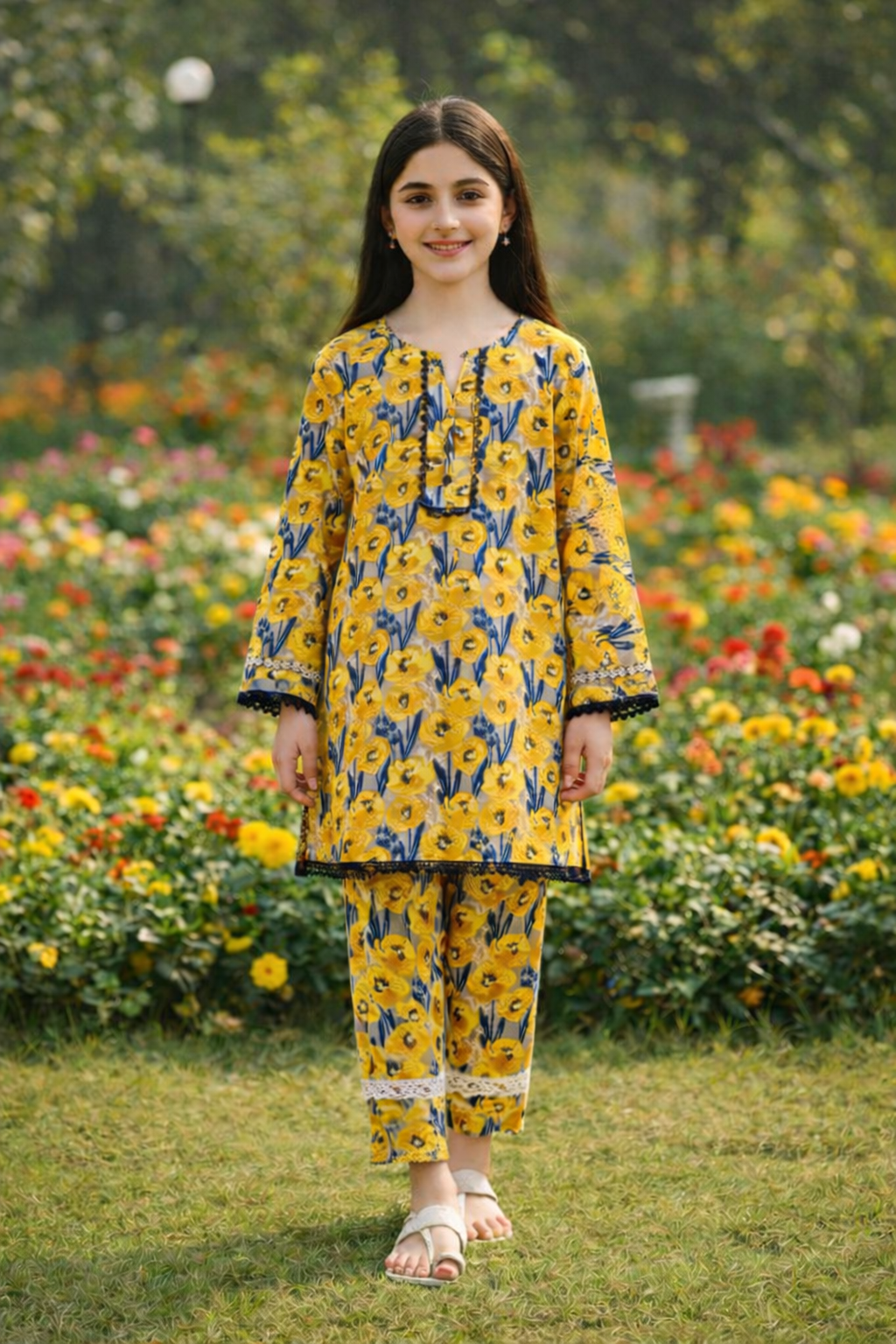 Yellow floral printed cotton 2-piece outfits for girls with kurti and straight pants, garden setting Pakistan
