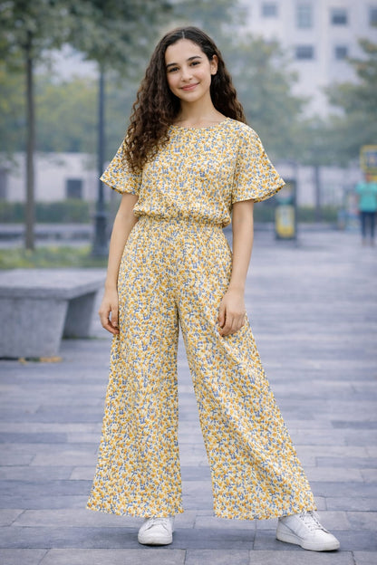 Yellow & blue Floral Vibes Cotton Girls Co-Ord Set 234