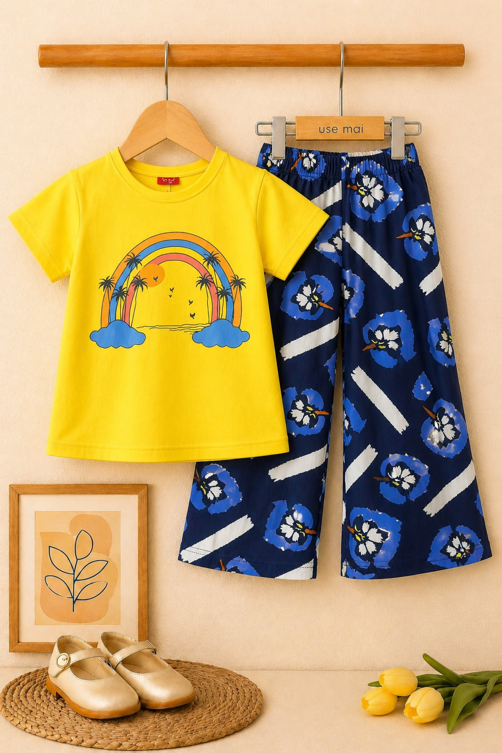Yellow t-shirt with rainbow design and blue floral Flapper Girls soft breathable outfit Pakistan 
