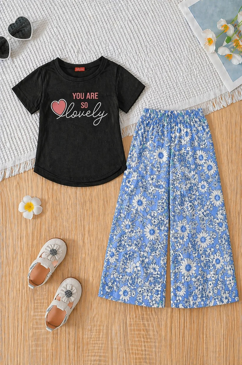 Girls black cotton t-shirt with blue floral pants kids outfit Pakistan