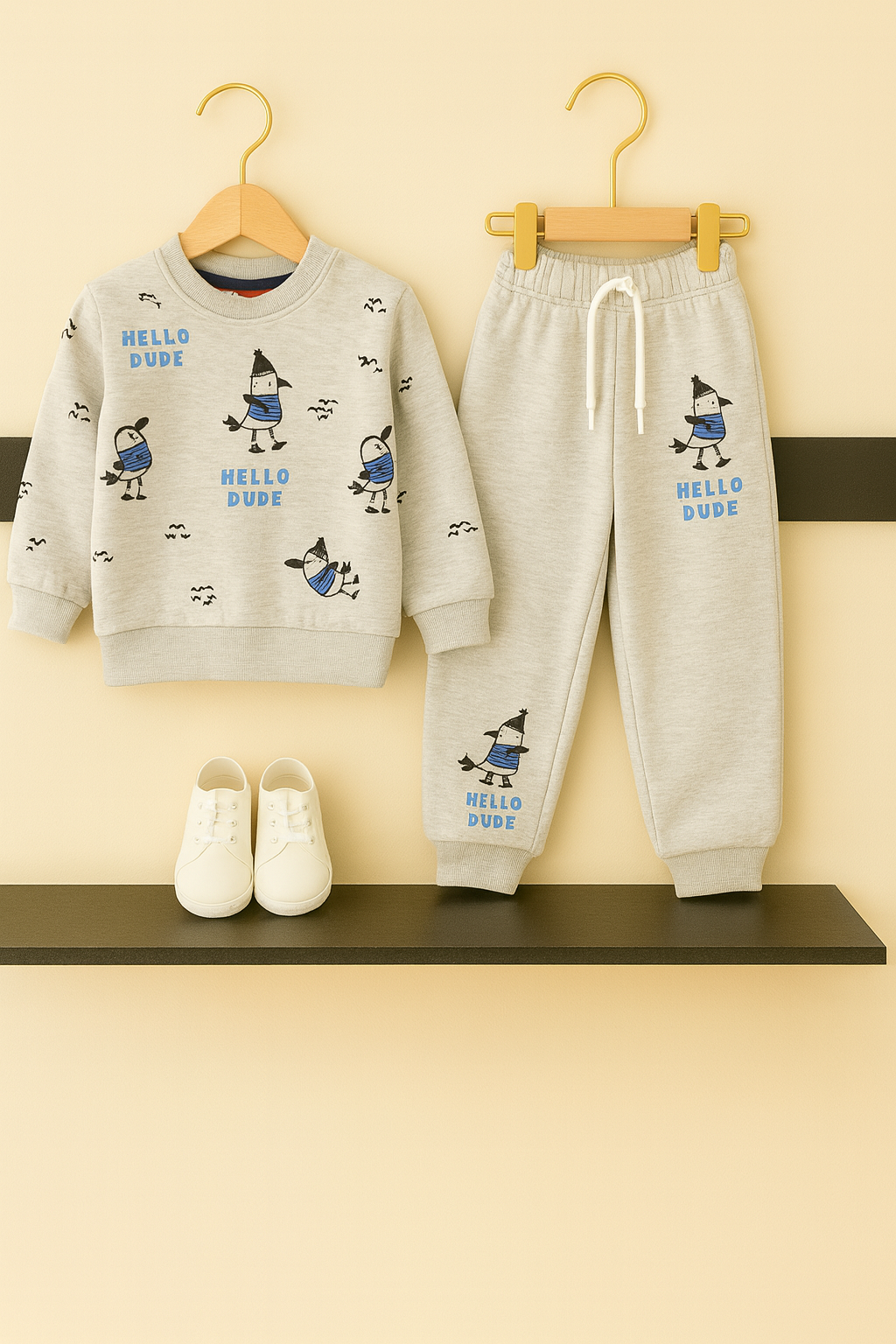 “HELLO DUDE”  Fleece Kids Tracksuit – Light Grey 505