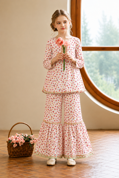 Pink Flowers Printed White Garara Suit-Cotton 514