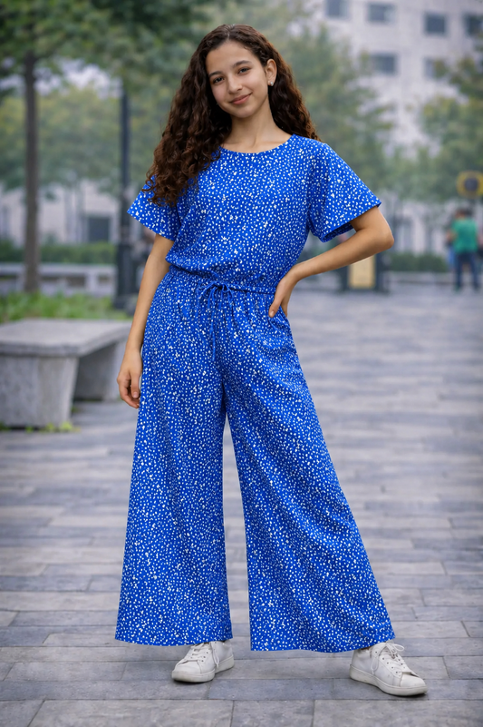 White Stars Print Blue Cotton Girls Co-Ord Set 519