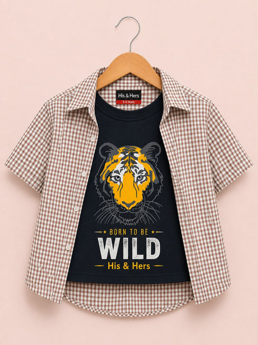 Pink Checked Tiger Printed Layered Casual Shirt