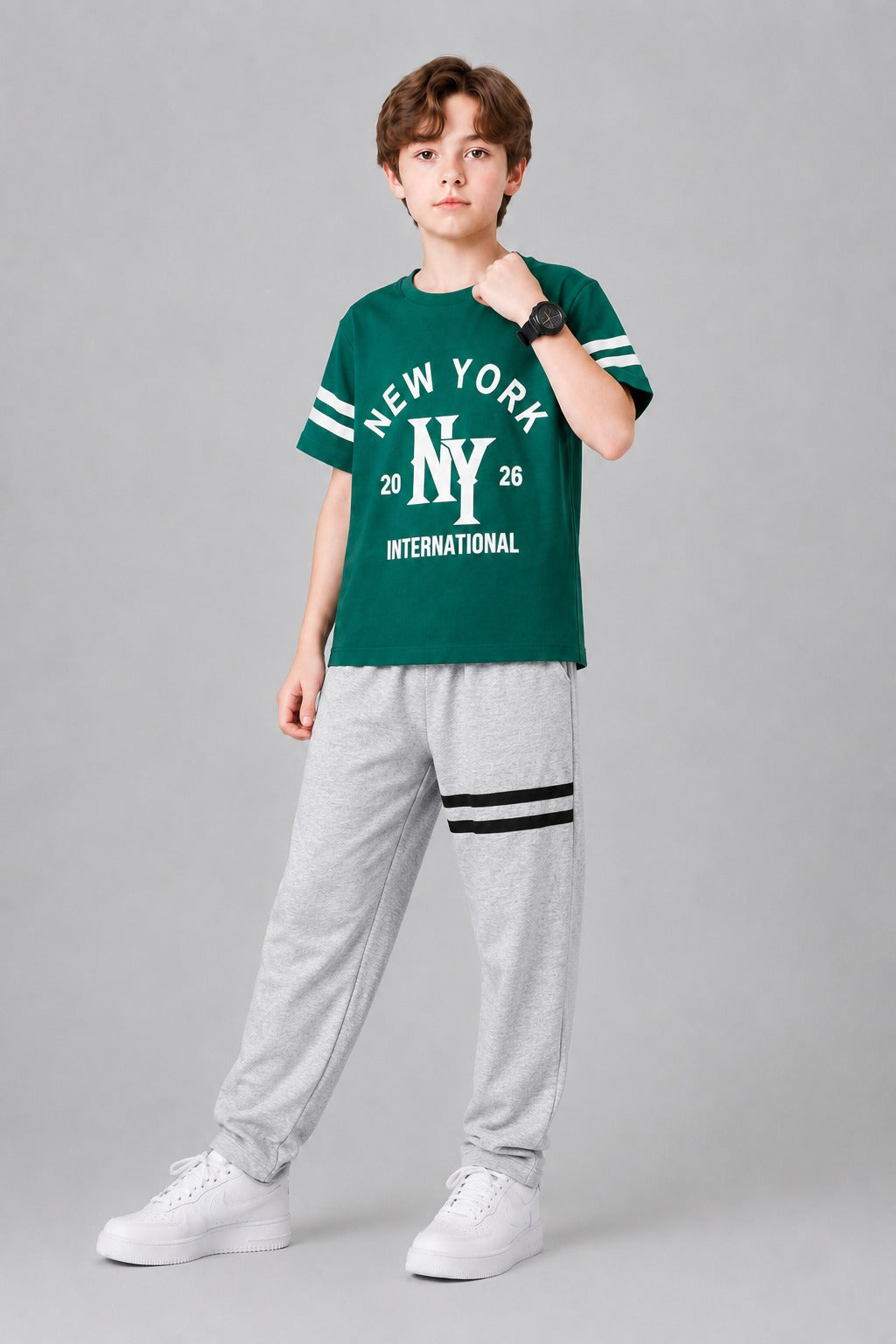 New York Printed Green  Boys T-Shirt & Trouser