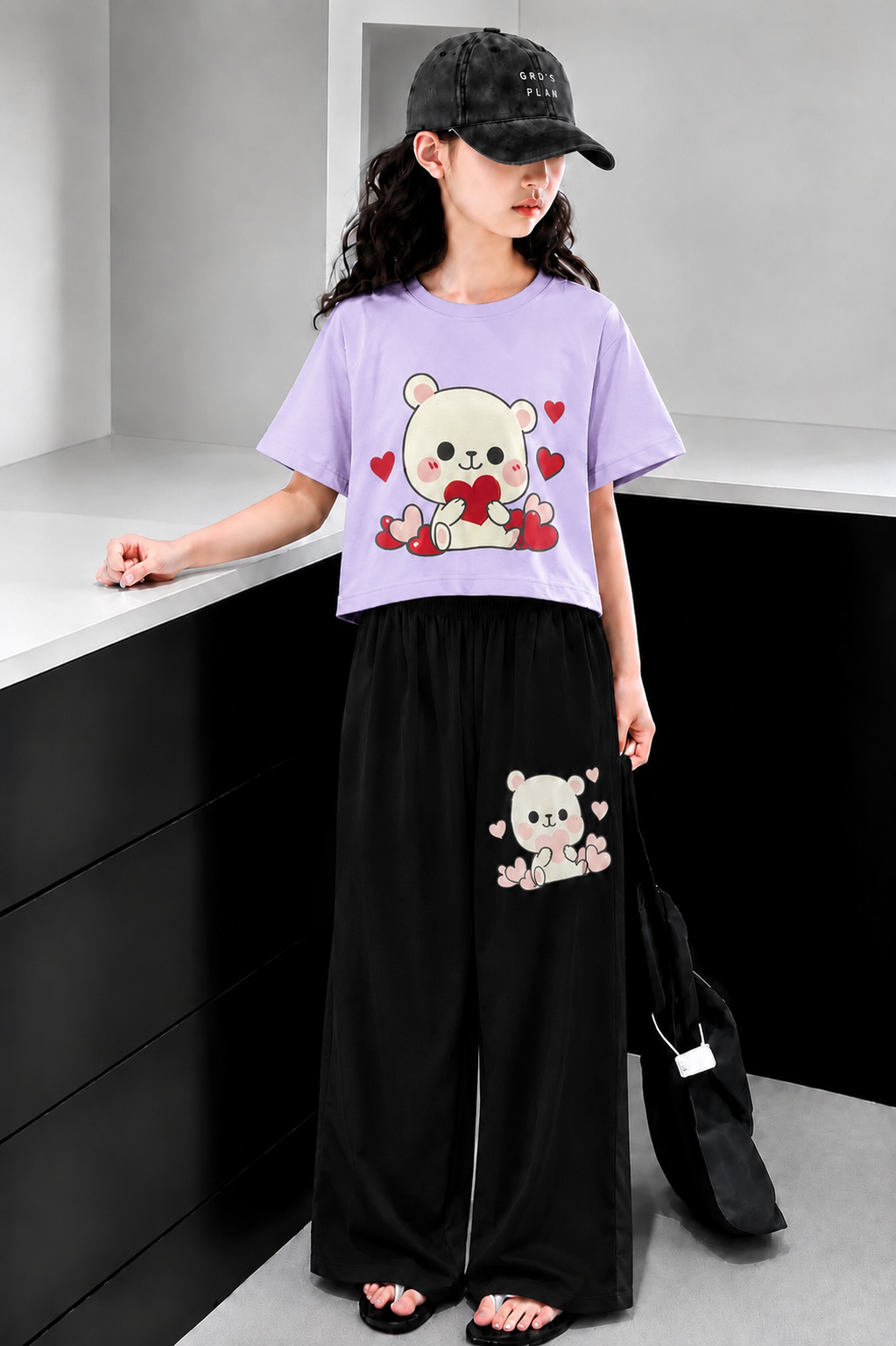 White Bear  Printed Light Purple  Half Selves Baggy Track Suit Girls 723