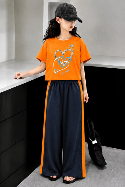 Hearts Printed Orange  Half Selves Baggy Track Suit Girls 514