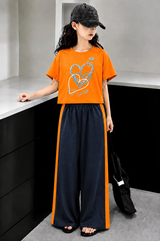 Hearts Printed Orange  Half Selves Baggy Track Suit Girls 514