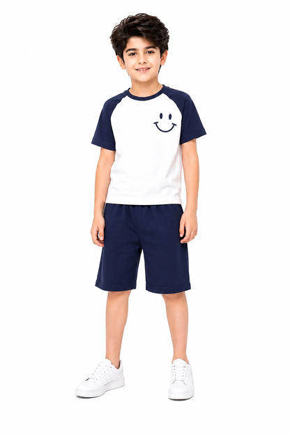 Smile Logo Printed Navy & white Boys  Nicker Suit 605