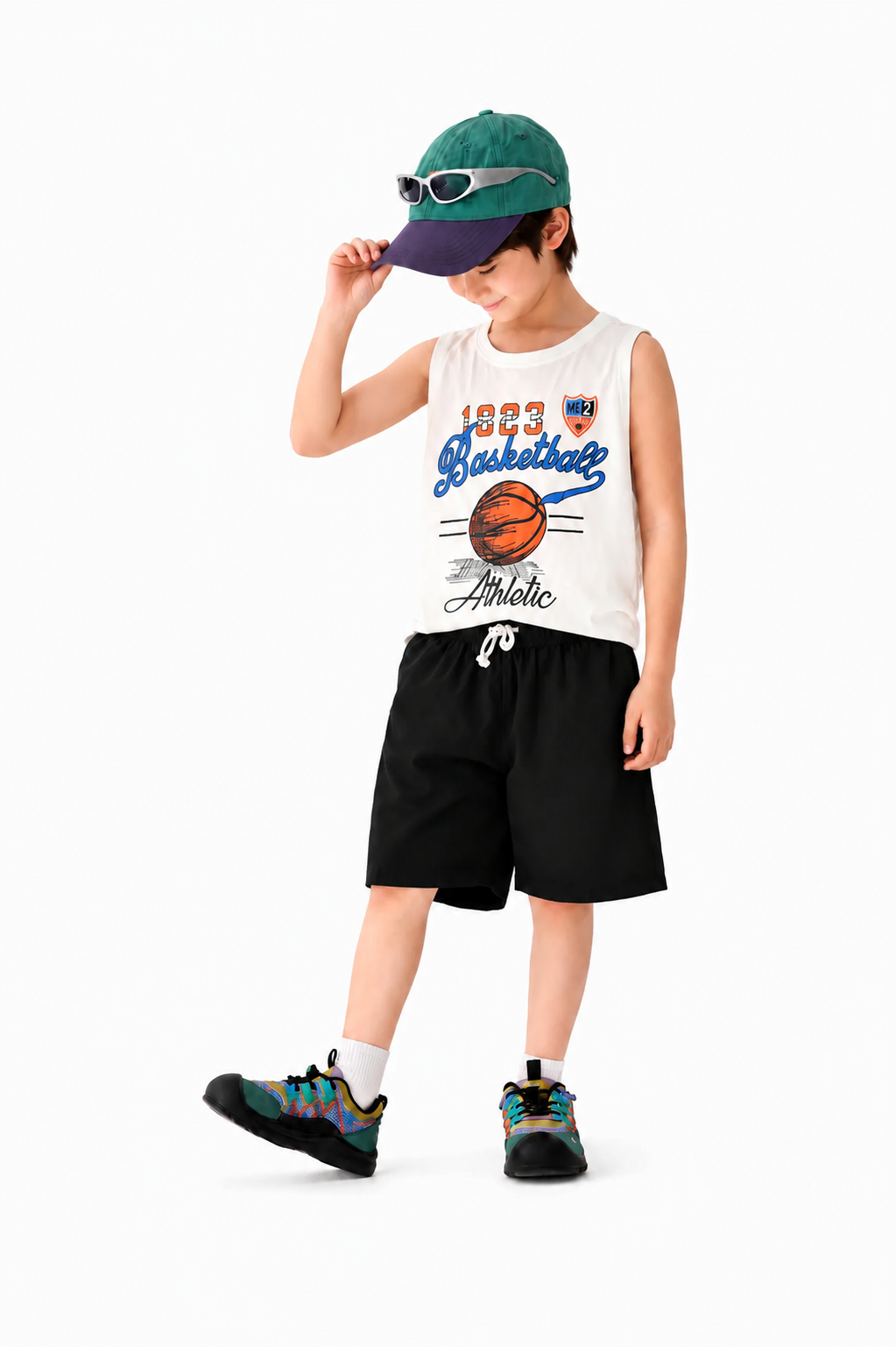 Basketball Printed  White Sleeveless  Boys Nicker Suit 300