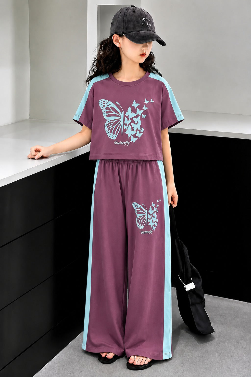 Butterfly Printed Maroon  Half Selves Baggy Track Suit Girls