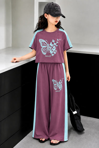 Butterfly Printed Maroon  Half Selves Baggy Track Suit Girls