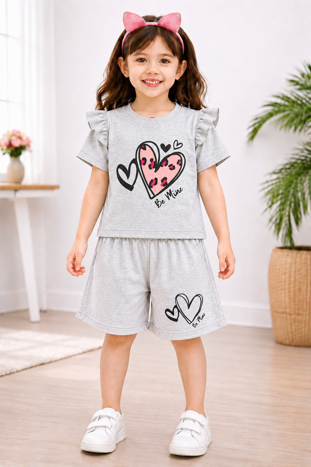Heart  Printed Grey Girls Nicker Suit