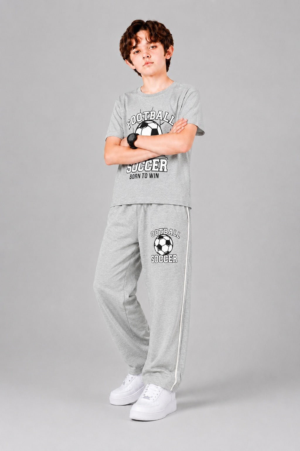 Football Printed Grey  Boys T-Shirt & Trouser