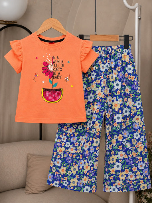 Flower Printed Orange Girls T-shirt & Cotton Flapper
