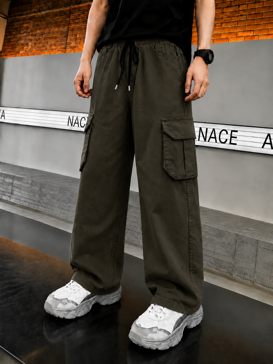 Boys Dark Olive Green Baggy Cotton Pants