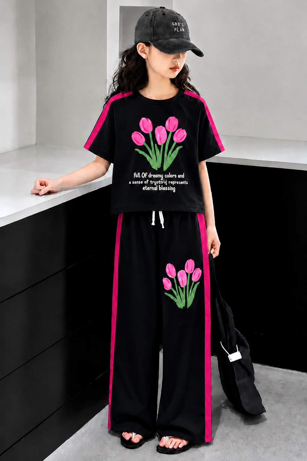 Dark Pink Flowers Printed  Black Half Selves Baggy Track Suit Girls 305