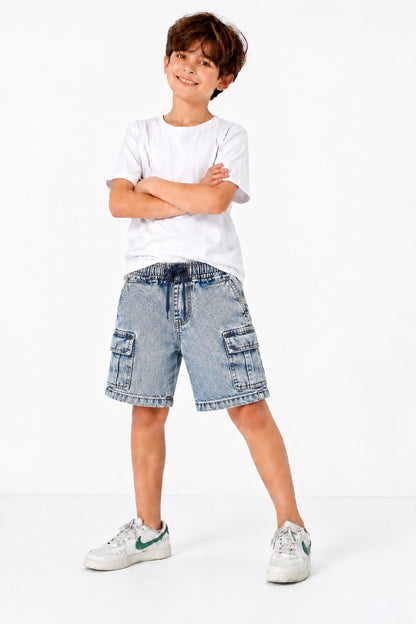 6 Pocket Cargo Denim Boys Shorts -Light Grey Color