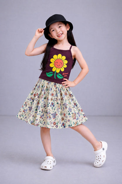 SunFlower Printed Maroon Girls Top & Skirt
