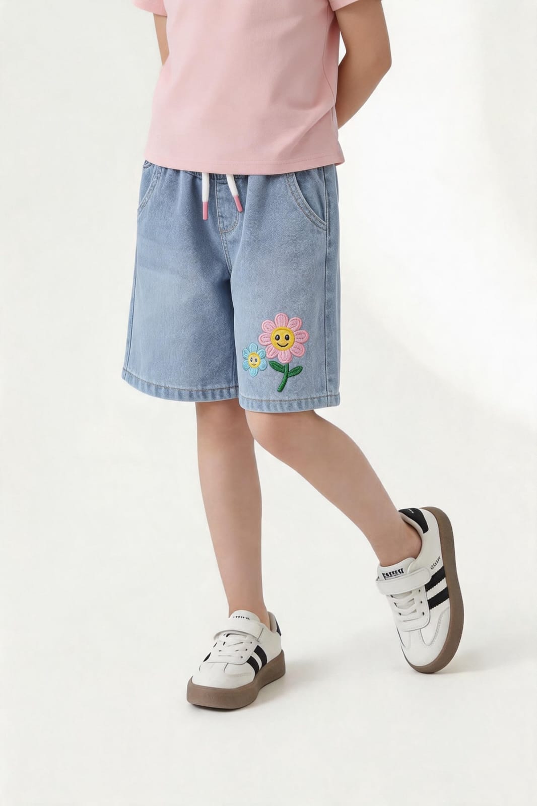 Smiley Flower Embroidery Light  Blue Girls Short