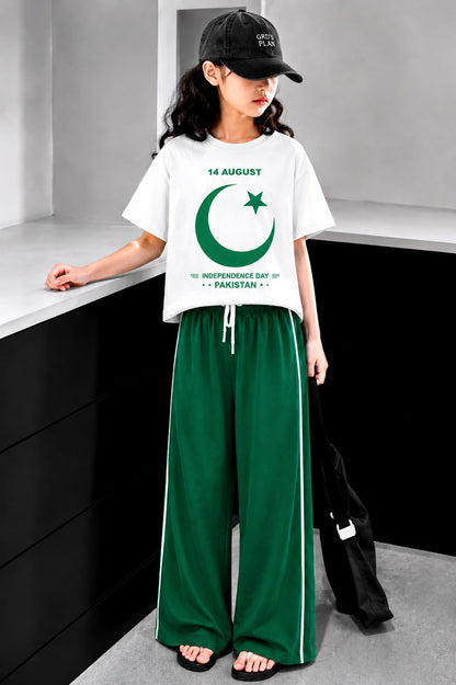 14 August Moon & Star  Printed White & Green Half Selves Baggy Track Suit Girls