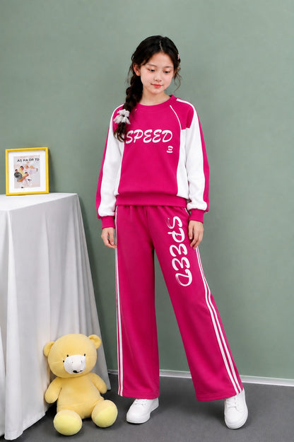 [Speed ] Printed Pink & White Fleece Girls Tracksuit