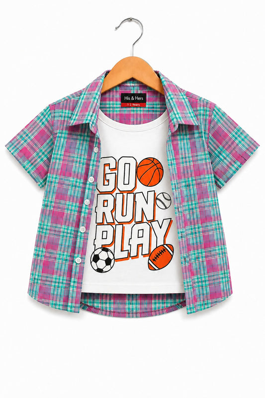 [Go Run Play ] Printed Pink Checked Layered Casual Shirt