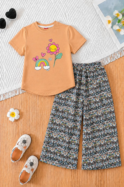 [Rainbow] Printed Light Brown Girls  T-shirt & Cotton Flapper