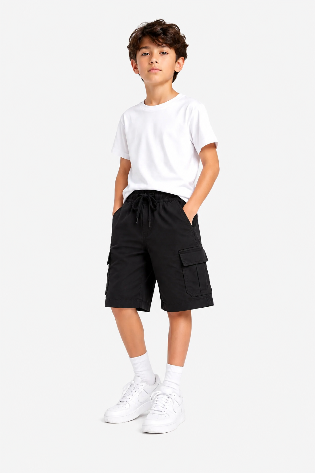 6 Pocket Cargo Soft  Cotton  Boys Shorts - Black Color 438
